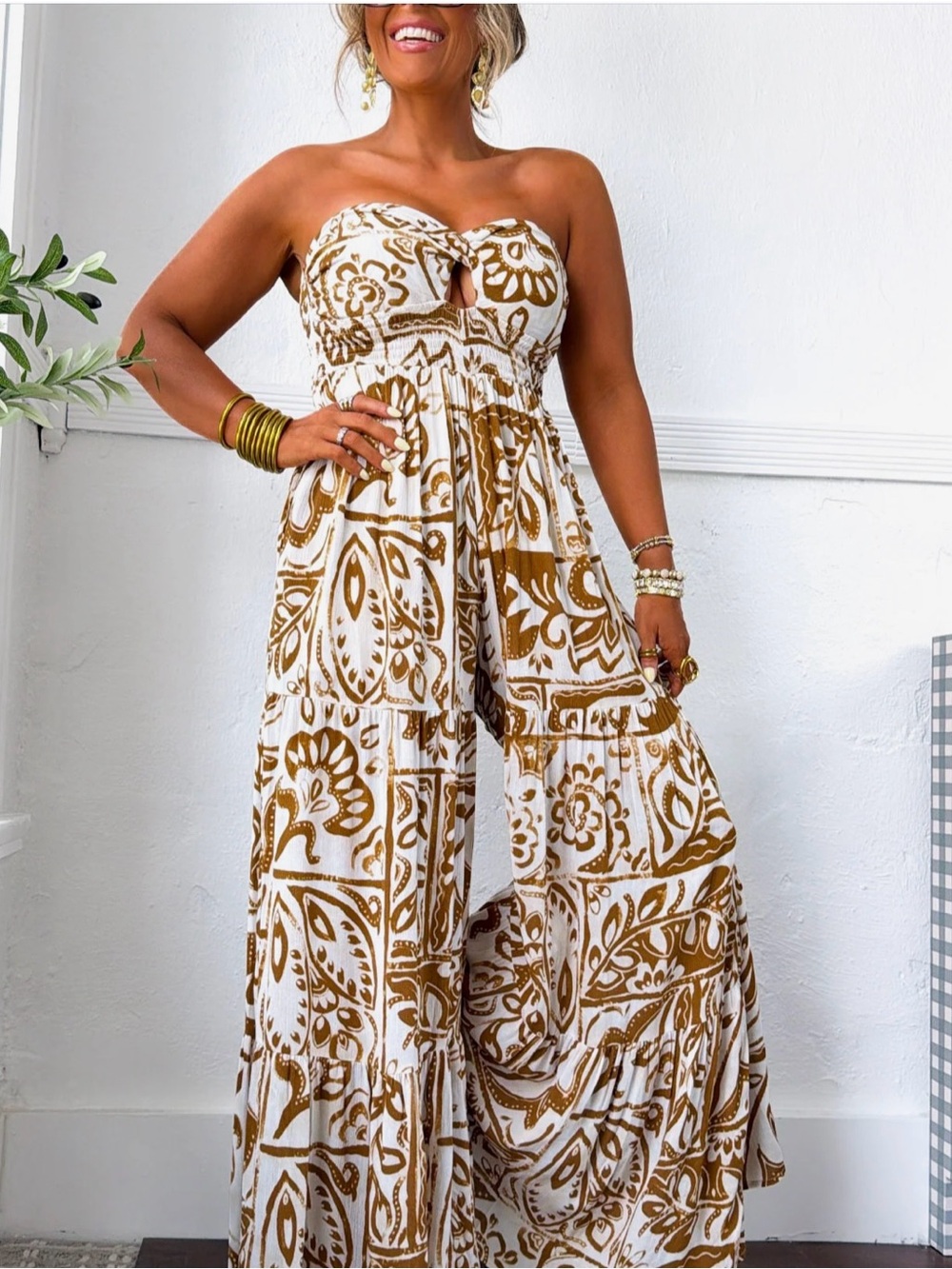 Strapless Wide-Leg Jumpsuit in White & Tan